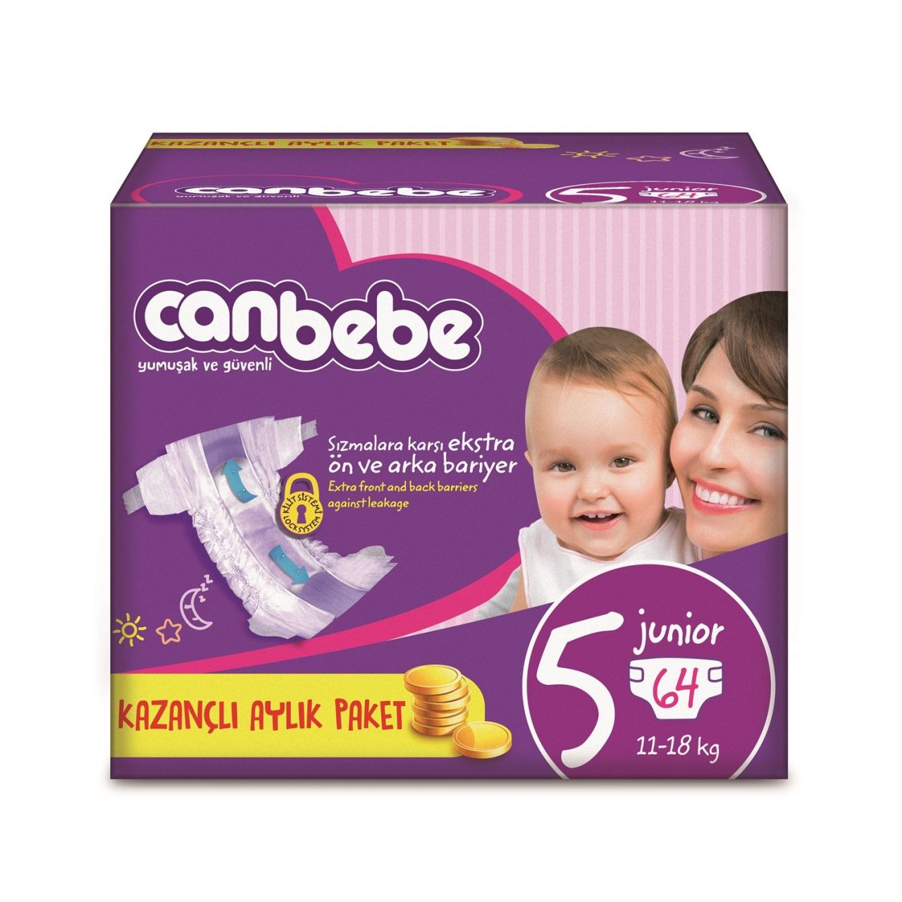 Canbebe Aylık Paket Bebek Bezi 1118 kg No5 Junior 64 Adet Marketpaketi