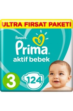 Prima Bebek Bezi Aktif Bebek Ultra Fırsat Paketi 3 Beden 124 Adet  