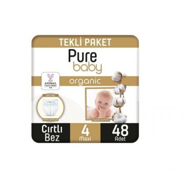 Pure Baby Organik Pamuklu Cırtlı Bebek Bezi Maxi 4 Beden 48 Adet