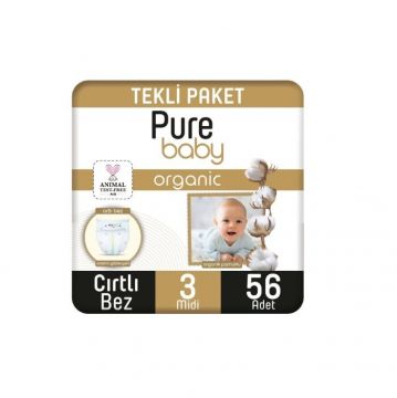 Pure Baby Organik Pamuklu Cırtlı Bebek Bezi Midi 3 Beden 56 Adet